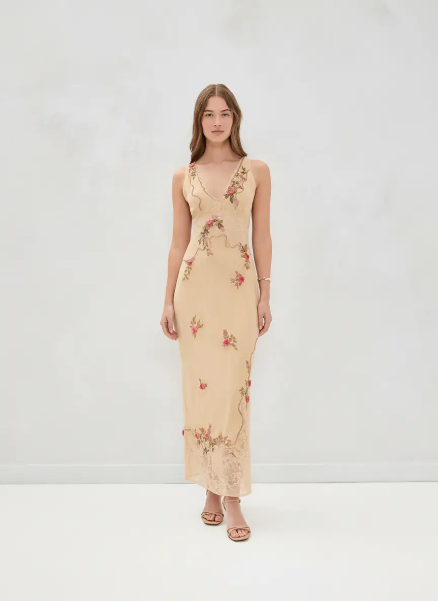 Bianca Enchanted Beige Lace Maxi Dress by Fripy — women's dresses, in georgette